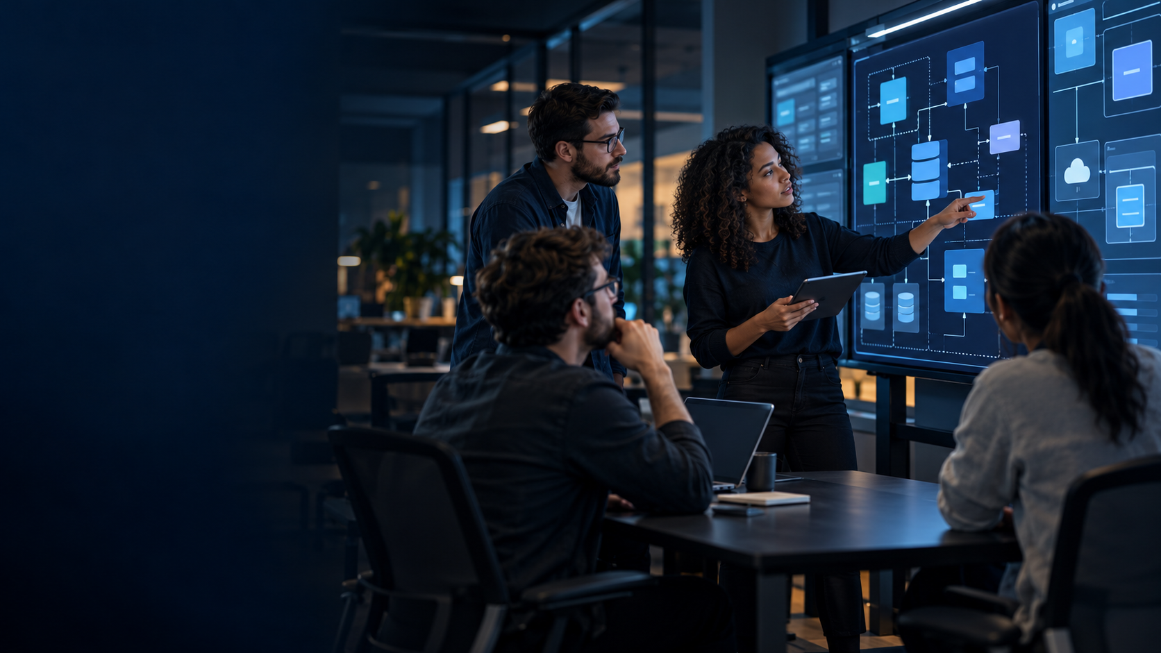Software team reviewing an application architecture diagram