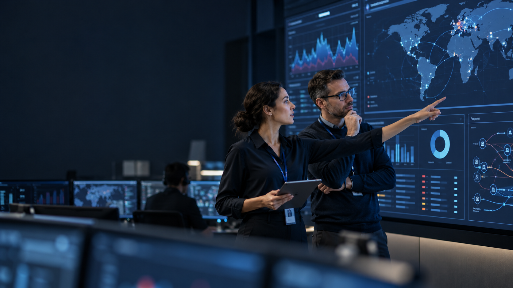 Operations analysts reviewing service data on large screens